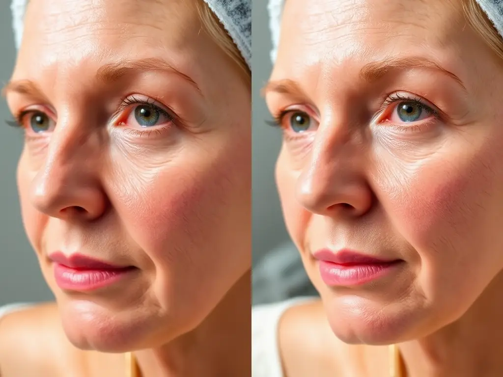 A before-and-after comparison of a patient's face showing improved skin texture after a skin rejuvenation treatment. The lighting is soft and natural.