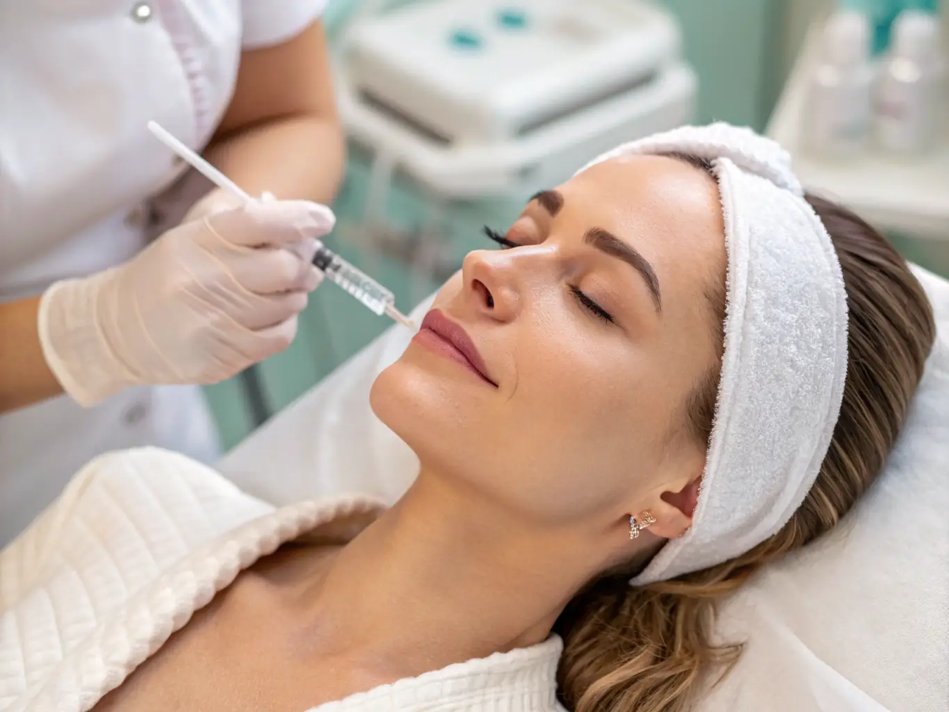 A close-up image of a patient receiving a Botox injection, highlighting precision and care. The setting is a clean, modern clinic environment.